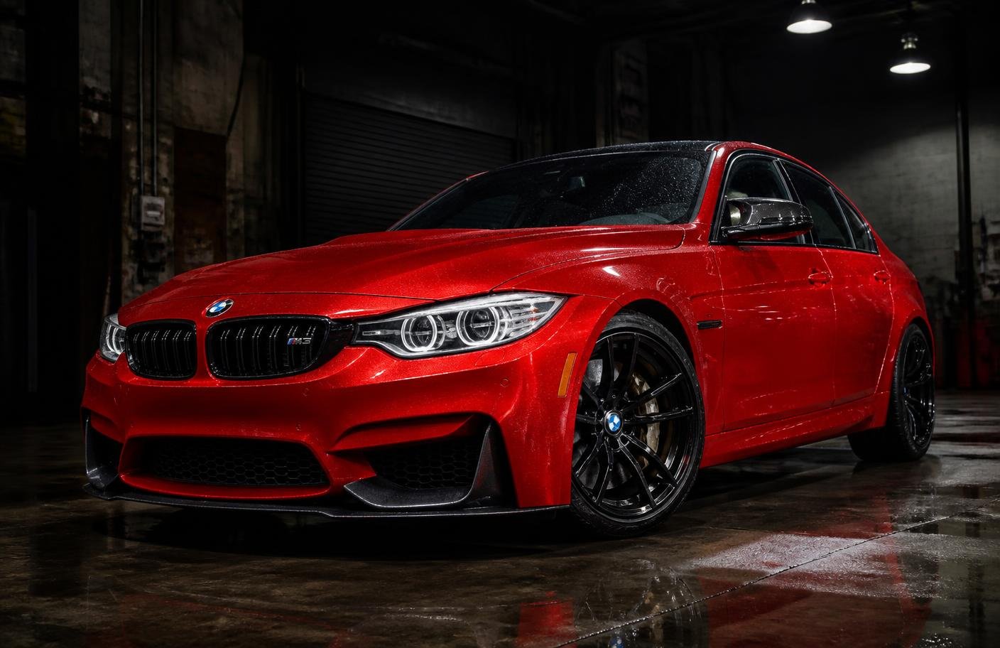 Freshly detailed red sports car in a dark studio
